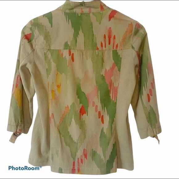 Chico’s Zenergy Zip Up Shirt Jacket 00P XXS 3/4 Sleeve Olive Green Abstract - Picture 2 of 3